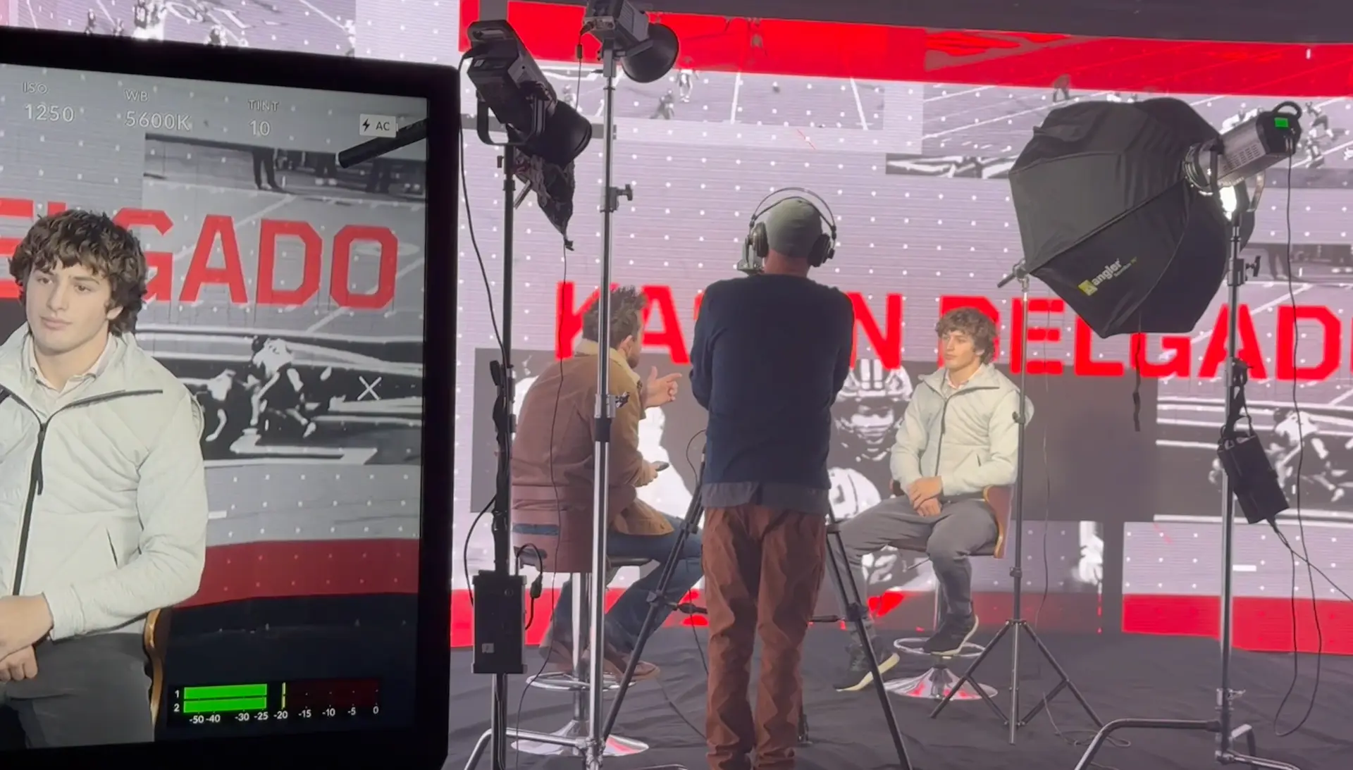 Professional media day session with LED virtual video wall and cameras